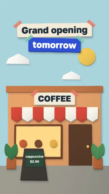 A coffee shop front, caption Grand opening tomorrow